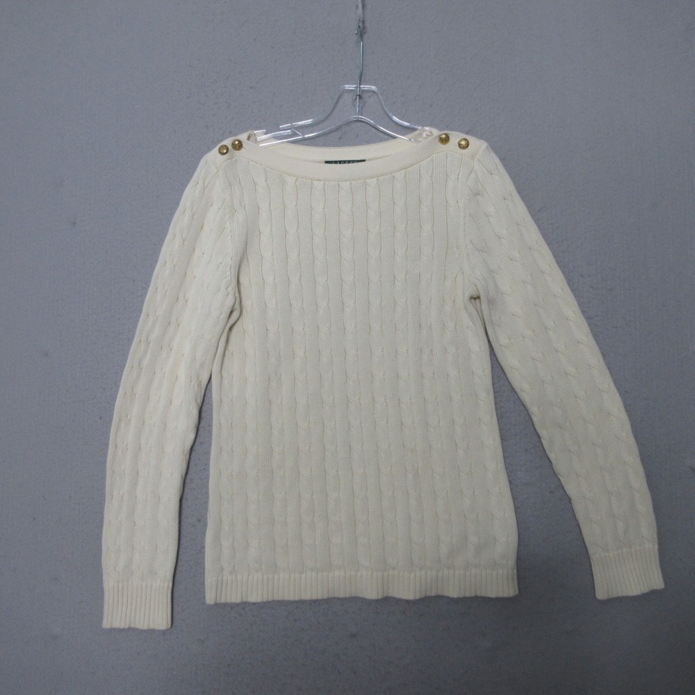 Lauren Ralph Lauren Sweater Cable Knit Neutral Gold Button Monogram Old Money